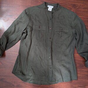 Kate Hill Blouse Womens Sz Petite Small Gray Button Up 100% Linen Breast Pockets